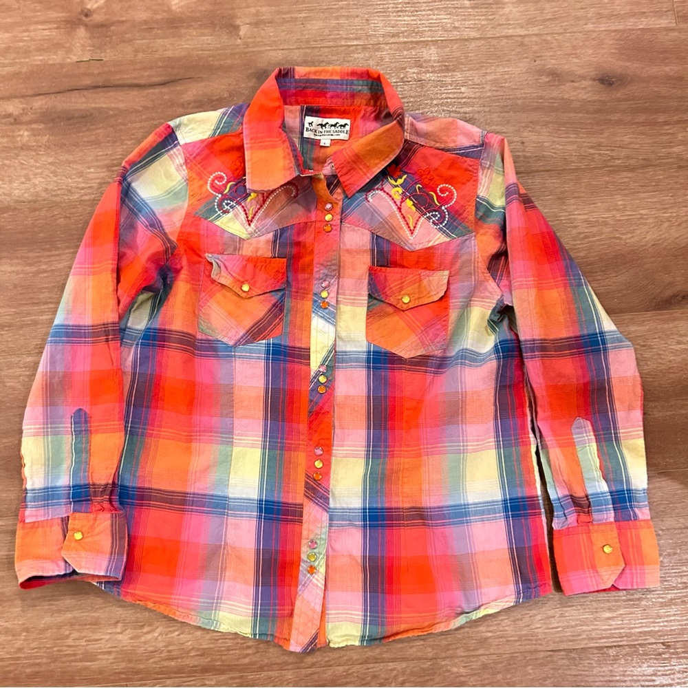 Embroidered Plaid Western Shirt - Orange & Pink